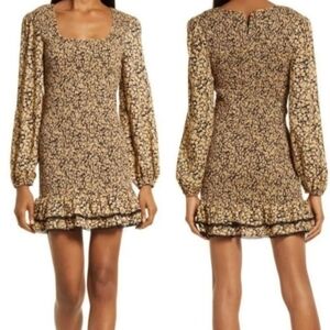 NWT LOST+WANDER Yellow Black Floral Smock Top Ruffled Hem Mini Dress Size Large